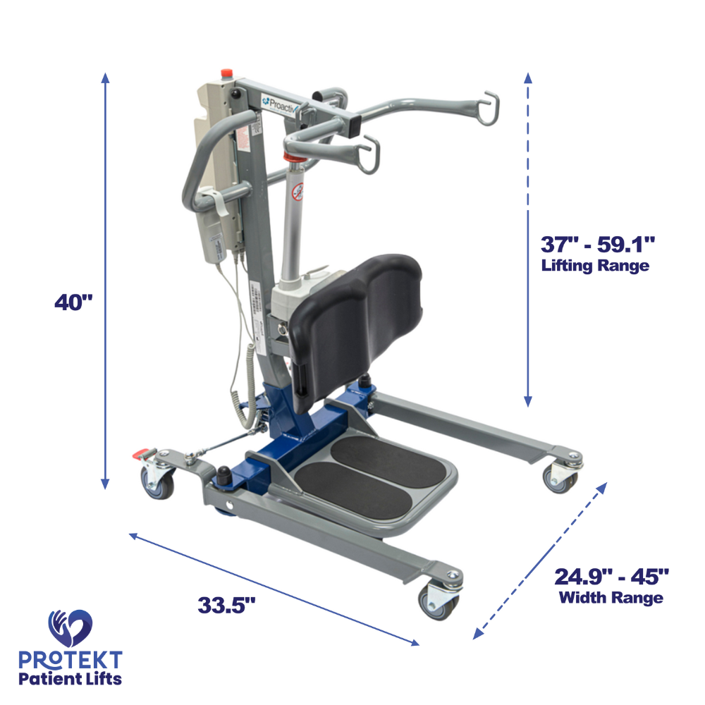 Proactive Medical Protekt Sit-to-Stand Compact 500 Lift - Angled View with Dimensions