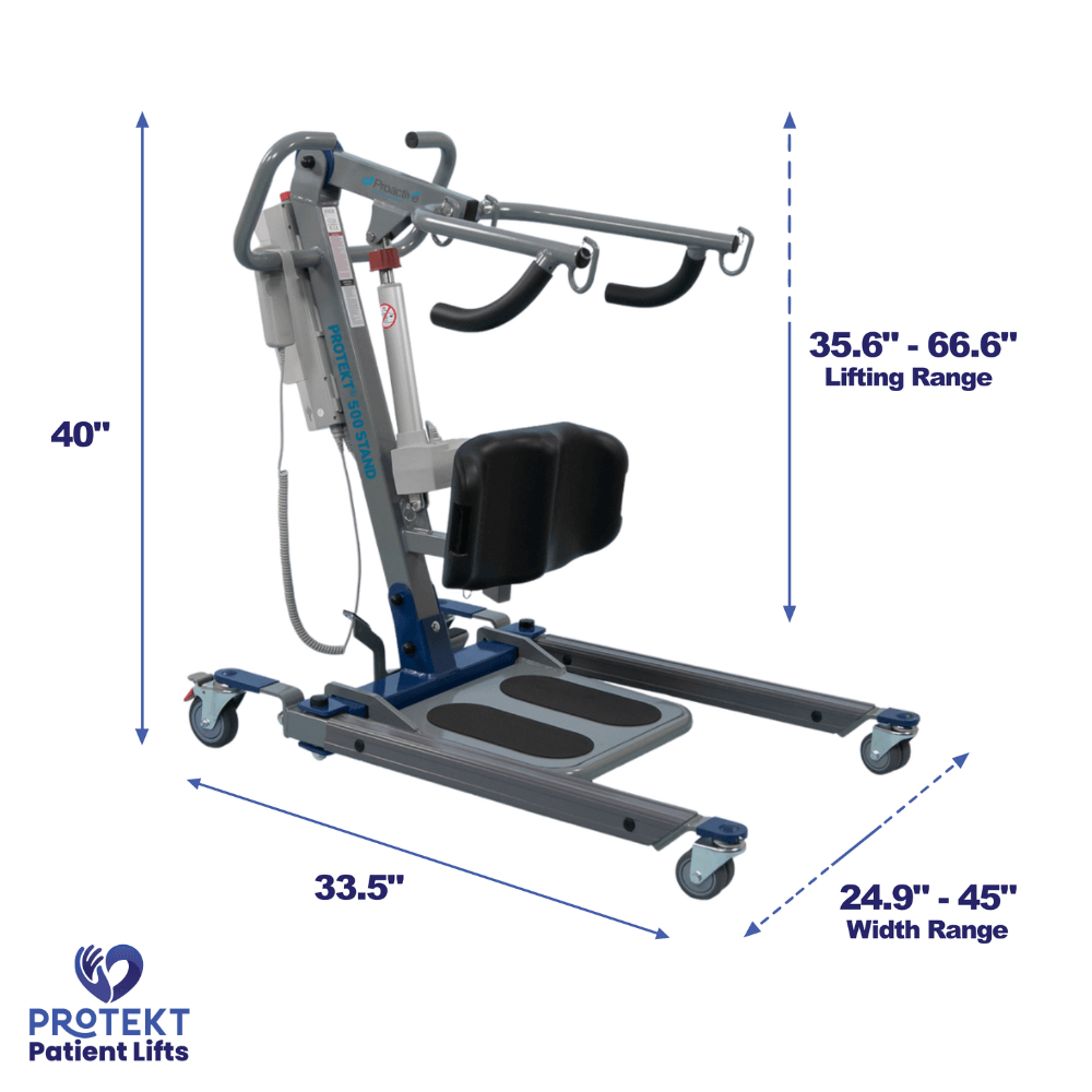 Proactive Medical Protekt 500 Electric Sit-to-Stand Lift - Angled View with Dimensions