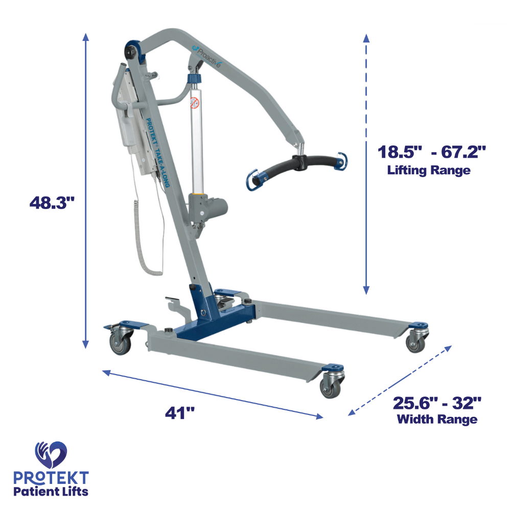 Proactive Medical Protekt Take-A-Long Folding Electric Patient Lift - Angled View with Dimensions