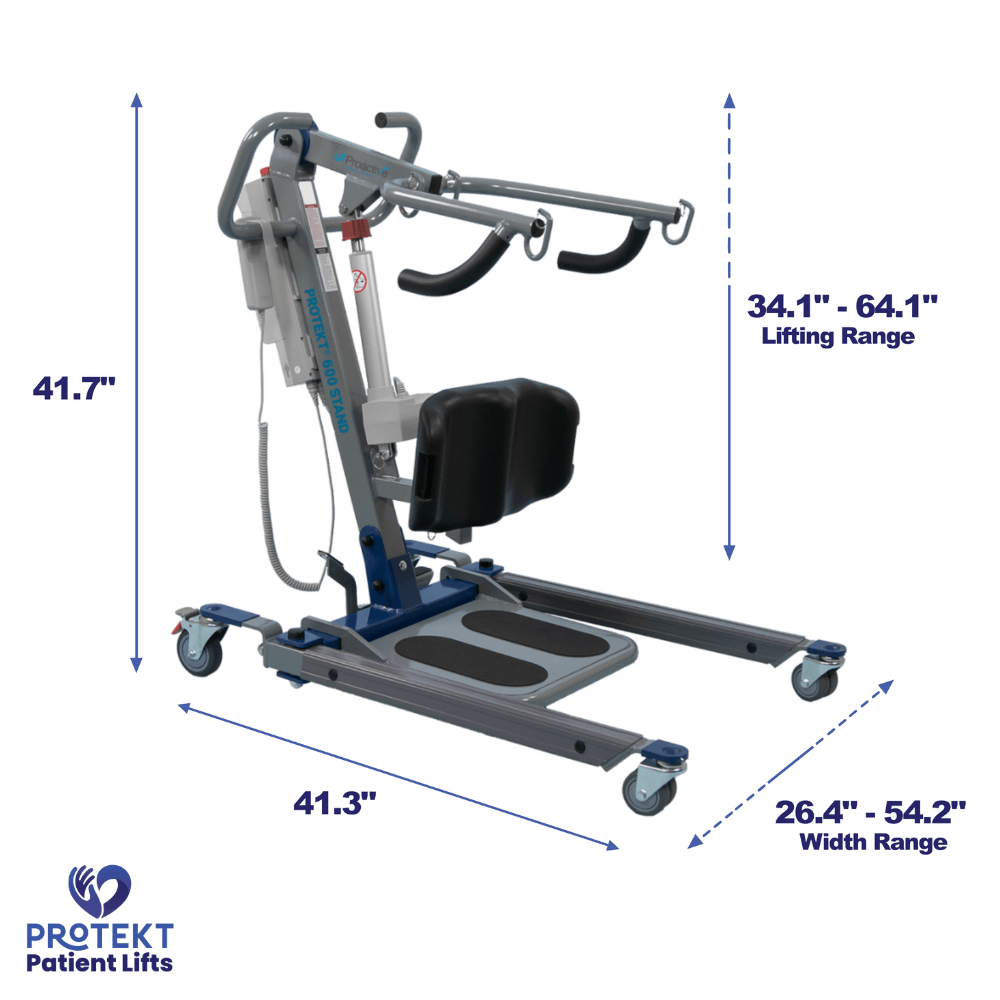 Proactive Medical Protekt 600 Electric Sit-to-Stand Lift (600 lb. Capacity) - Angled View with Dimensions