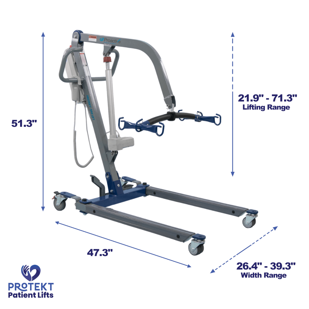 Proactive Medical Protekt 500 Electric Patient Lift (500 lb. Capacity) - Angled View with Dimensions