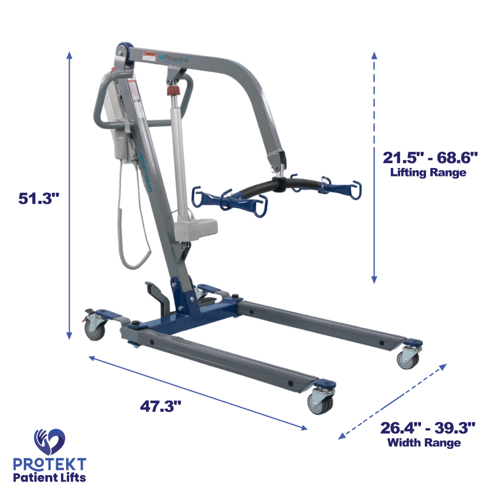 Proactive Medical Protekt 600 Electric Patient Lift (600 lb. Capacity) - Angled View with Dimensions