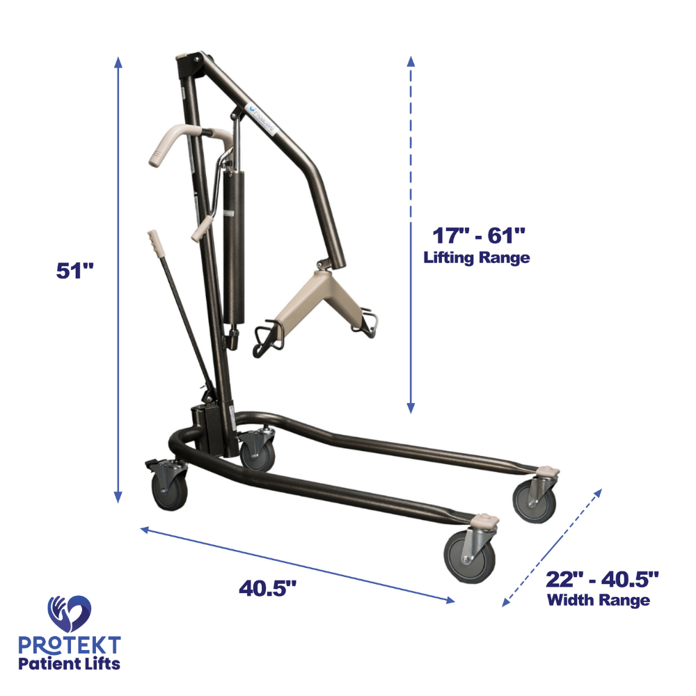 Proactive Medical Protekt Onyx Hydraulic/Manual Patient Lift - Angled View with Dimension