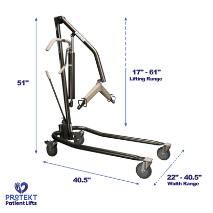 Proactive Medical Protekt Onyx Hydraulic/Manual Patient Lift - Angled View with Dimension