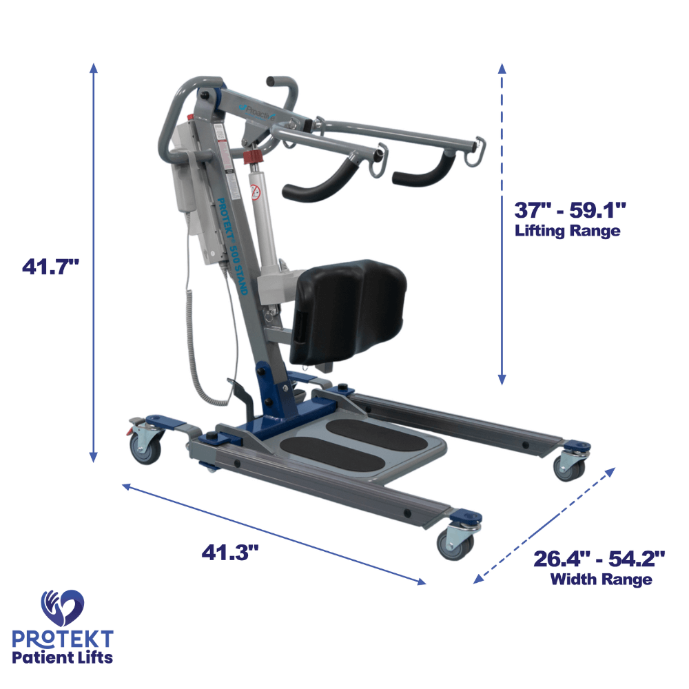 Proactive Medical Protekt 500 Electric Sit-to-Stand Lift - Angled View with Dimensions