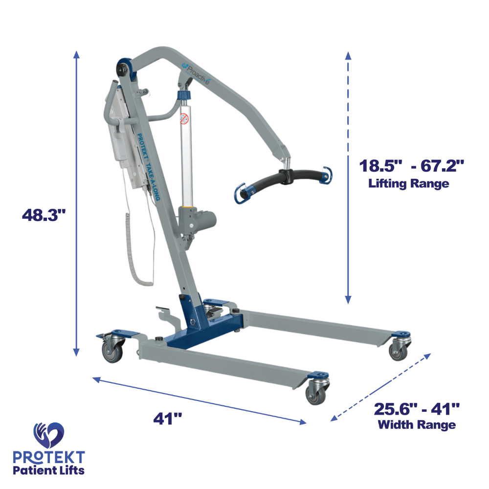 Proactive Medical Protekt Take-A-Long Folding Electric Patient Lift - Angled View with Dimensions