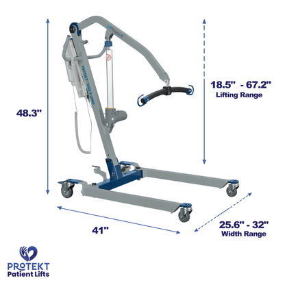  Proactive Medical Protekt Take-A-Long Folding Electric Patient Lift - Angled View with Dimensions