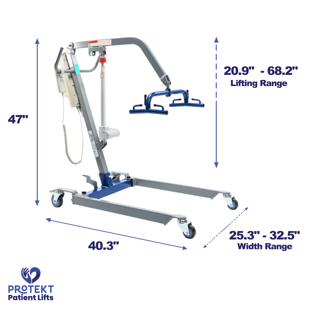 Proactive Medical Protekt Transformer Hydraulic Patient Lift Upgraded Electric Kit - Angled View with Dimensions