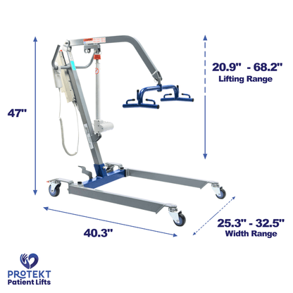 Proactive Medical Protekt Transformer Hydraulic Patient Lift Upgraded Electric Kit - Angled View with Dimensions