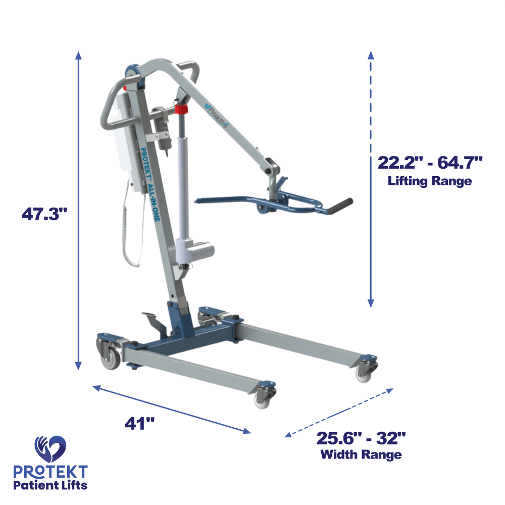  Proactive Medical Protekt All-In-One Folding Car Transfer Electric Patient Lift - Angled View with Dimensions