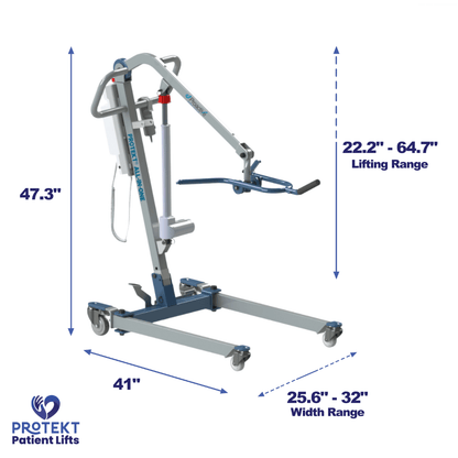  Proactive Medical Protekt All-In-One Folding Car Transfer Electric Patient Lift - Angled View with Dimensions