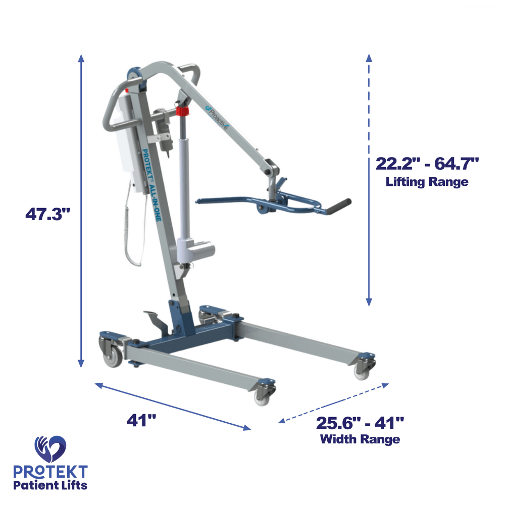 Proactive Medical Protekt All-In-One Folding Car Transfer Electric Patient Lift- Angled View with Dimensions